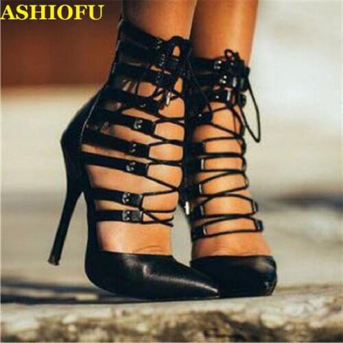 ASHIOFU Handmade Women Stiletto Heel Pumps Cross-shoelace Party Prom Dress Shoes Pointed-toe Evening Fashion Pumps Court Shoes