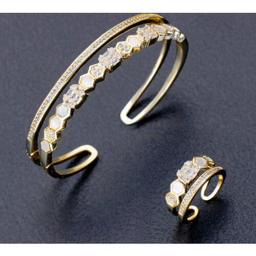 BrideTalk Luxury Bangle Ring 2PCS Dubai Set Fashion CZ shell Jewelry Sets For Women Wedding Engagement 2020