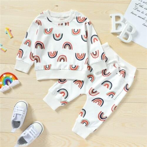 2021 Baby Newborn Rainbow Print Casual Cotton Clothes Kid Girls O-neck T-shirt Trousers Child Clothing Set 0-3Years