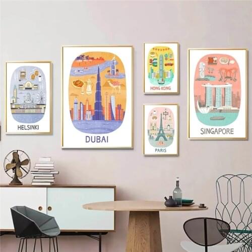 Paris Hong Kong Dubai Helsinki Singapore Travel Canvas Paintings Landscape Posters and Print Wall Pictures for Living Room Decor