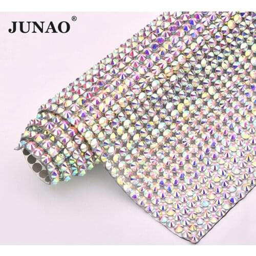 JUNAO 24*40cm Top Quality Adhesive Crystal AB Rhinestone Mesh Fabric Sheets Glass Trim Ribbon Crystal Applique for DIY Crafts