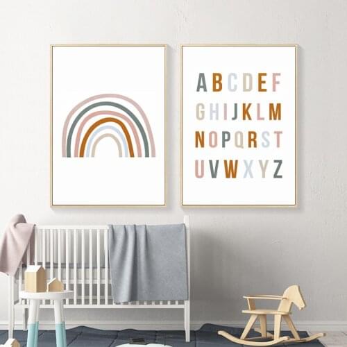 Cute Rainbow Nursery ABC Alphabet Wall Art Canvas Painting Nordic Posters and Prints Wall Pictures for Living Home Decoration