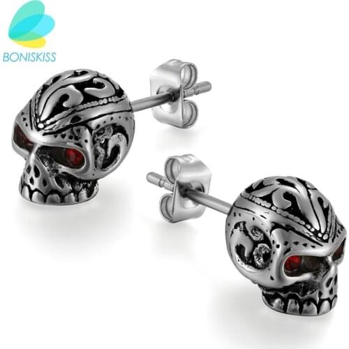 Boniskiss New Arrival Style Stainless Steel Men Trendy Round Punk Skull Stud Earrings For Men Fashionable Jewelry 2020