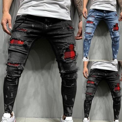 40%HOTMulti Pockets Men Jeans Ripped Holes Denim Mid Waist Stretchy Tassel Skinny Jeans Streetwear