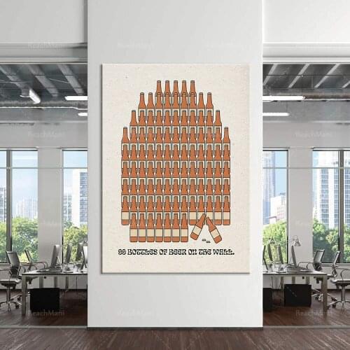There are 99 beer bottle prints on the wall • Beer bar art • Cheers • Toast • Beer • Bottled beer • Party