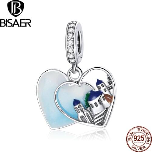 Bisaer New Bead 100% 925 Sterling Silver Charming Scenery Heart Shaped Charms Fit Original Silver Bracelet Fine Jewelry ECC1742