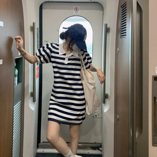 Striped Dresses Women Puff Sleeve Turn-down Collar Loose Vintage Female Clothes Summer Style Mini-dress Fashion Ladies New