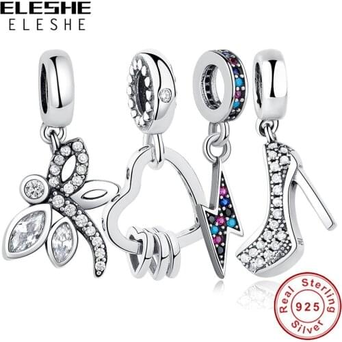 ELESHE Authentic 925 Sterling Silver Charm Beads Crystal Heart High Heels Hamsa Hand Dangle Charm Fit Bracelet DIY Jewelry