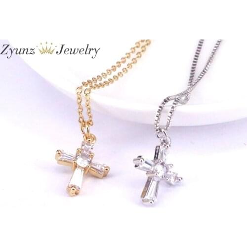 10PCS, Cubic Zirconia Cross Pendant Charms Gold / Silver Color Chain CZ Collar Necklace for Women Charm Fashion Jewelry Gifts