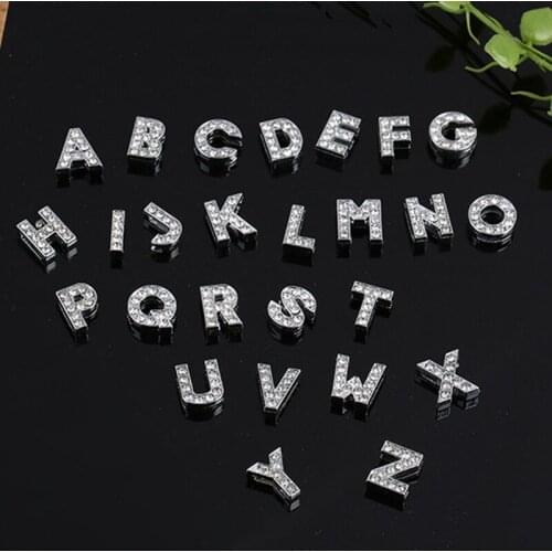 8mm Silver Rhinestone Choose Specified Letter From O to Z Slide Charms Flat Beads DIY Handmade Bracelets Key Chains Pet Collar