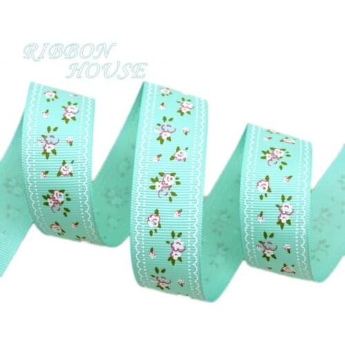 10 yards/lot) Light Green grosgrain ribbon printed lovely floral series ribbons