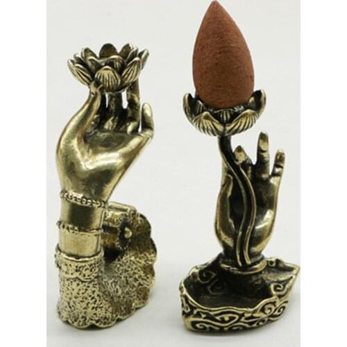 Vintage Copper Buddha Hand Lotus Base Incense Holder Censer Brass Incense Burner Crafts Desktop Ornaments Home Decorations Gifts