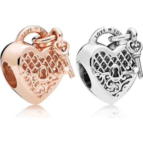 925 Sterling Silver Openwork Beads Rosegold Love You Heart Lock Charms Fit Original pandora Bracelet Charm For Women DIY Jewelry