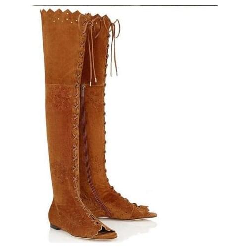 Solid brown color peep toe flat boots for women spring autumn ruffles lace up over the knee high gladiator boots big size shoes