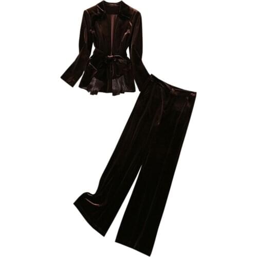 Brown Color Women Velvet Suit Set Ladies Outfits Fringe Tassel Belt Long Sleeve Jacket + Wide Leg Pants
