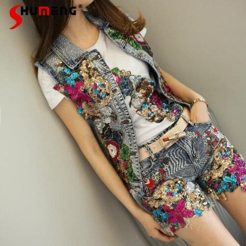 European 2021 Summer Womens Fashion Sleeveless Stylish Sequined Denim Vest Diamond-Embedded Jean Shorts Vest Two Pieces Set