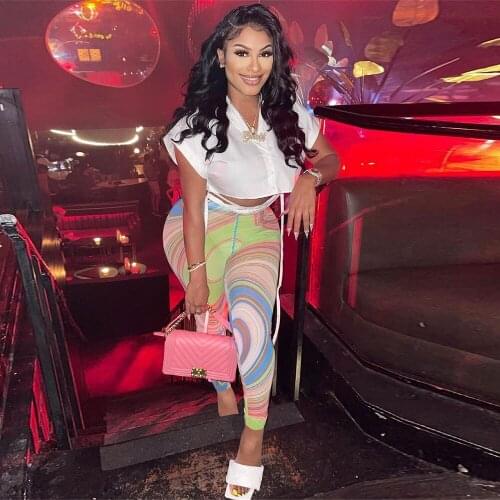 Aesthetic Striped Two Piece Set Women Print Short Sleeve Ribbon Cropped Blouse+Slim Body-Shaping Legging Female Matching Suit