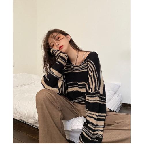 NEW Women Punk Gothic Striped Long Sleeve Loose Patchwork Sweater Retro sexy v-neck Oversize Pullover Casual Knitted Jumpers ins