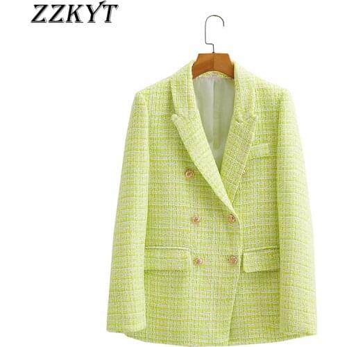 ZZKYT 2021 Women Spring Vintage Button Tweed Blazers Coat Fashion Lapel Collar Long Sleeve Office Lady Female Outerwear Blaser