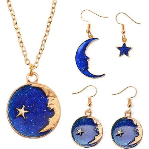 Personality Star Moon Necklace Two Pairs Of Dangle Earrings Symmetry And Asymmetry Set Alloy Jewelry Sets For Women