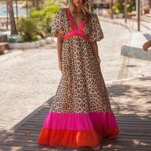 Summer swing mid waist print Pullover dress trendy womens 2021 charming sexy deep V-neck leopard color block dress