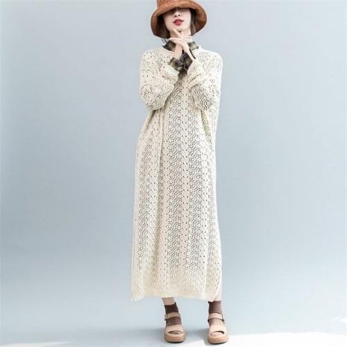 Elegant Hollow Out Women Knit Sweater Dress Long Sleeve Spring Summer Side Split Female Fashion Chic Dress