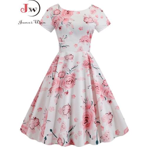 Summer Floral Print Elegant A-line Party Dress Women Slim White Short Sleeve Swing Pin up Vintage Dresses Plus Size Robe Femme