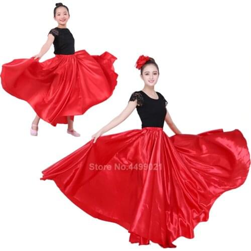 360Degree Belly Dancing Skirt Solid Gypsy Women Girl Spanish Flamenco Skirt Satin Big Swing Dress Adult Kids Stage Performance