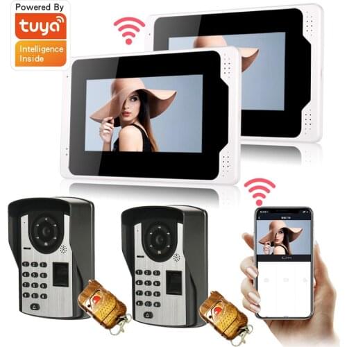 Tuya APP Control Video Door Intercom 7 Inch LCD Wifi Wireless Video Door Phone Doorbell Kit Fingerprint RFID 2 Camera 2 Monitor