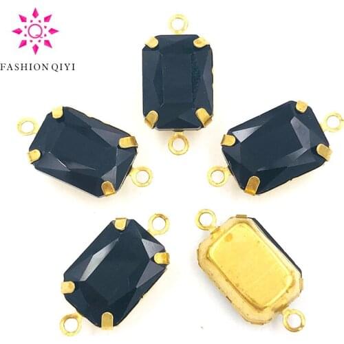 Hot selling 10X14mm Rectangular octagon sew on rhinestones Black Gold base Glass crystal double loop pandent diy accessories
