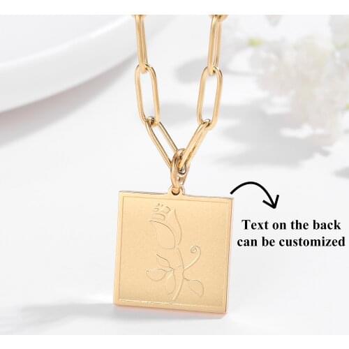 Personalized Rose Flower Necklace Custom Gold Choker Square Pendant Stainless Steel Carved flower Pendant Women Jewelry Gift