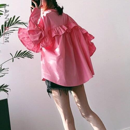 LANMREM 2021 New Autumn Turn-down Collar Ruffles Sleeves Single Breasted Hot Pink Shirt Female Fashion Top Clothes KB73105