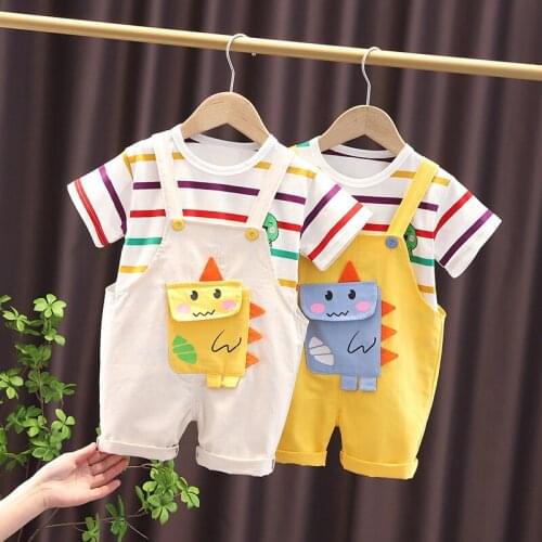 Summer Baby Clothing Boys Cute Dinosaur Pocket Short Sleeve Cotton T-Shirt Rompers 2Pcs Clothes Set for Tracksuits Toddler Boys
