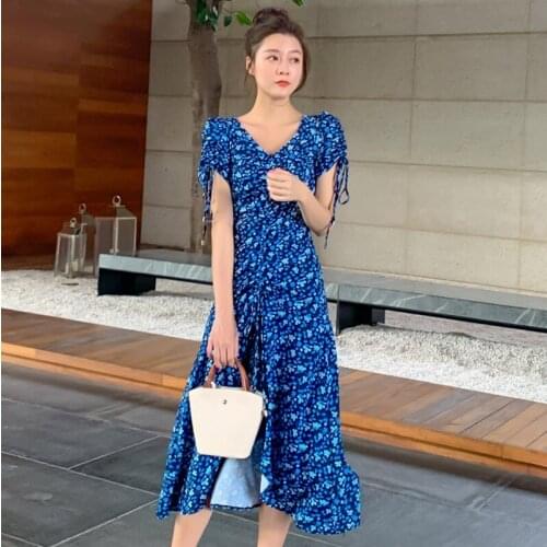 LLZACOOSH Elegant Blue Flower Print Women 2021 Summer New Sexy V Neck Draped Ruffles Slim Irregular A-Line Long Dress