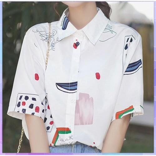 Lovely Print Chiffon T-shirt Women Short Sleeve T-shirts Casual Office Lady Tops Female Clothing Vintage Hong Kong Top Tunic