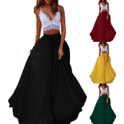 Fashion Women Solid Color Chiffon Elastic High Waist Lady For Evening Party Skirts Double Large Swing Womens Long Skirt юбка