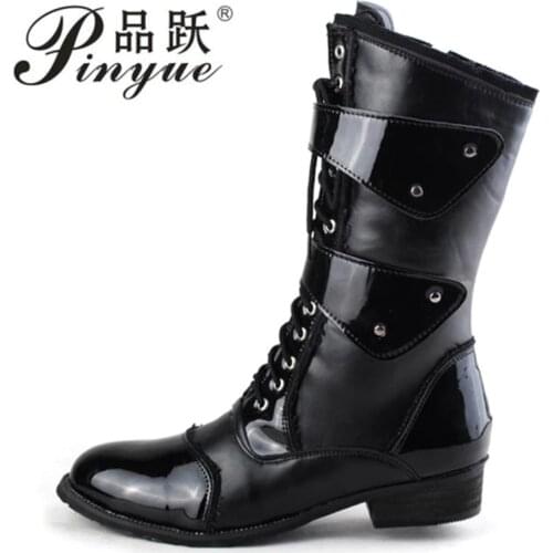 Mens Knight Boots Mid Leg Patent Leather Boots Long Military Boots for Man Waterproof Work SHoes Male Winter