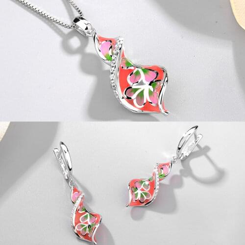 OGULEE Silver 925 Jewelry Sets Pink Lucky Flowers Handmade Painting Enamel Pendant Necklace AAA CZ Earrings for Women jewellery