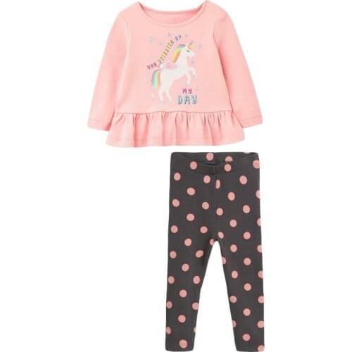 Autumn Cotton Baby Girl Designer Fall Clothes Children 2 Piece Set Brand Dot Letter Unicorn Print Shirt + Toddler Dot Pants