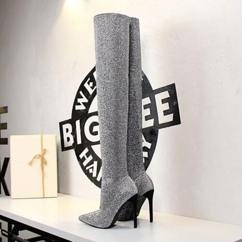 Over The Knee Boots Women Botas Feminina Silver Thigh High Boots Ladies Knee High Boots Black Point Toe Party Shoes 2019