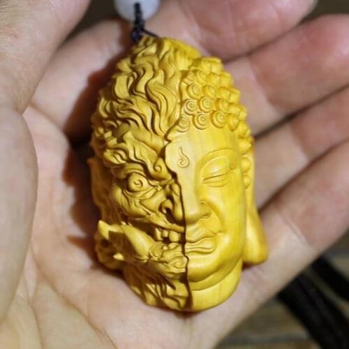 Devil Satan Buddha Deity head solid wood carved man Gift wonderful carving statue yellow origin wooden toy