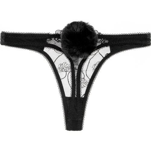 Sexy panties thong breathable Seductive perspective erotic ladies Rabbit tail black and white embroidery lace panty CYHWR