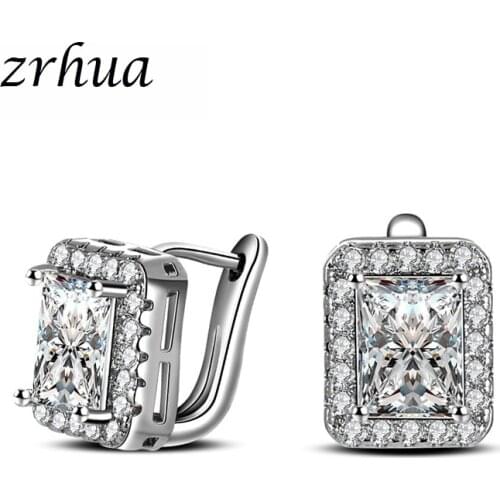 ZRHUA 925 Sterling Silver Classic Rectangle CZ Hoop Earrings for Women Brincos Fine Jewelry Bijoux High Quality 925 Stamp Bijoux