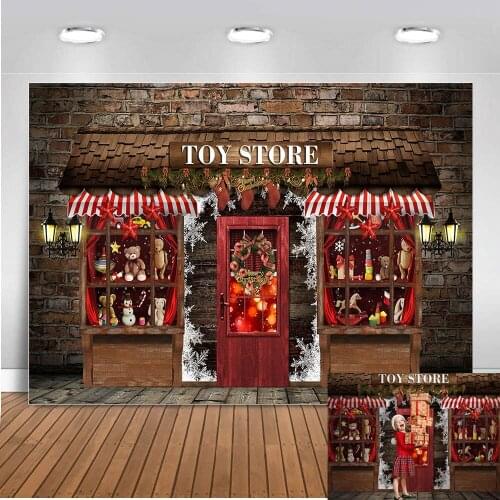 Dark Brown Brick Wall Wood Board Christmas Toy Store Backdrop Baby Portrait Photography Background for Photo Studio
