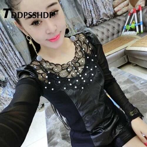 2019 Spring Fashion Hot Drilling Pu Leather Women Blouse Long Sleeve Lace Black Color Female Blouses