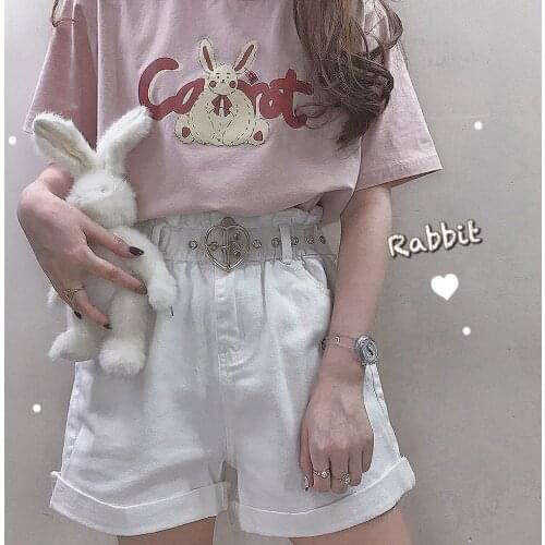 Cut Rabbit Printing Sweet Womens Cotton T-Shirt Loose Tee Blouse Short Sleeve Summer Tops Cute Girls Black Pink
