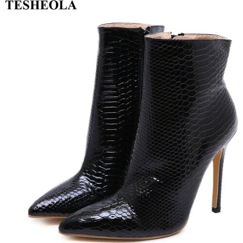 Luxury Designer Black Womens Ankle Boots Sexy Serpentine Mirror Leather Female Shoes 2021 Autumn High Heel Zip Lady Party Boots