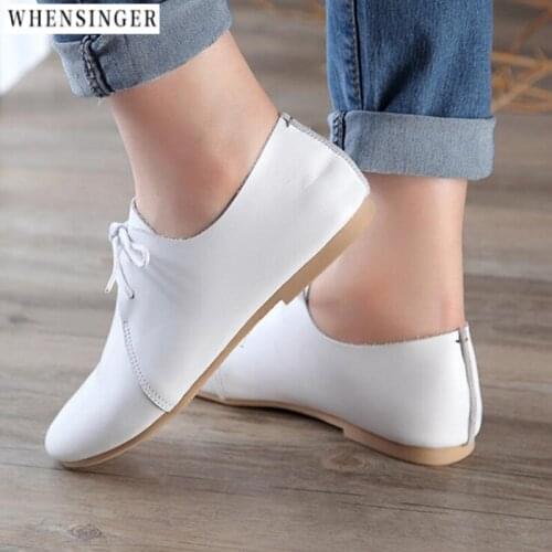 2018 New Whensinger - Leather Women Shoe Casual Genuine Leather Shoes For Women Flat Shoes Ladies Lacing Loafers Zapatos Mujer