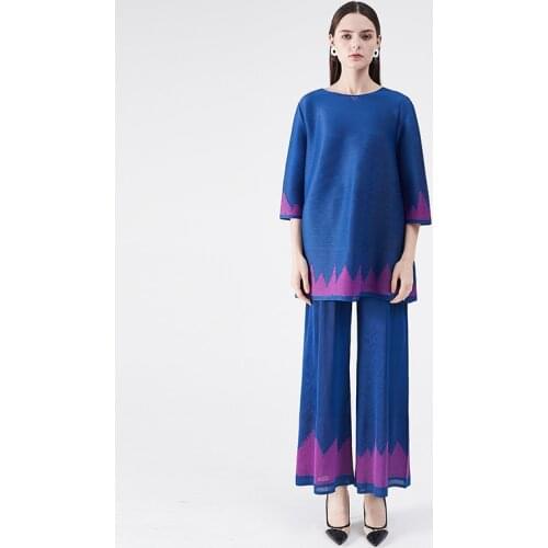 2020 spring autumn temperament two piece matching sets women Miyake pleated Royal blue Korean fashion casual suit for diamond