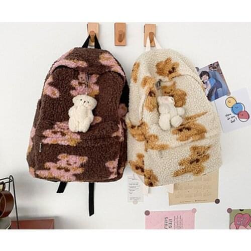 Imitation Lamb Hair Backpack Women School Bags For Teenage Girls Bears Print Cute Backpack Bagpack Kawaii Backpack Mochila Mujer